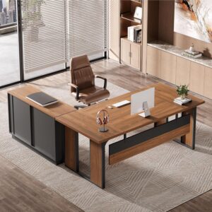 Tribesigns 63‘’ L-Shaped Executive Desk, Office Table with 39.37-Inch Drawers Cabinet, Large Computer Desk with Storage Shelves, Business Furniture Set for Home Office, Brown & Black