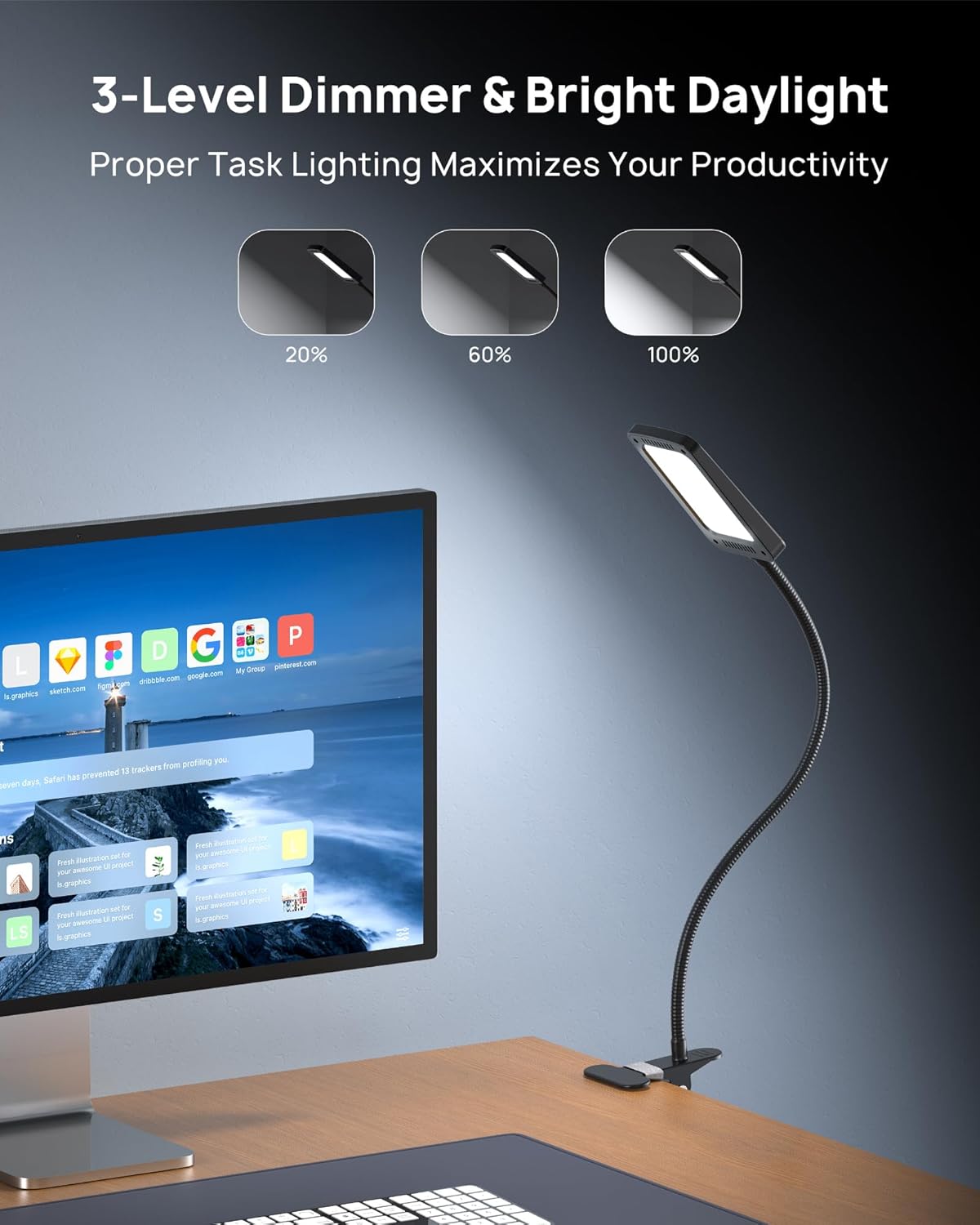 trond led desk lamp with clamp, 1000lm super bright 3 level dimmable desk light 6000k daylight, extra long flexible gooseneck clip on light, eye care clamp lamp for painting, workbench,reading, sewing