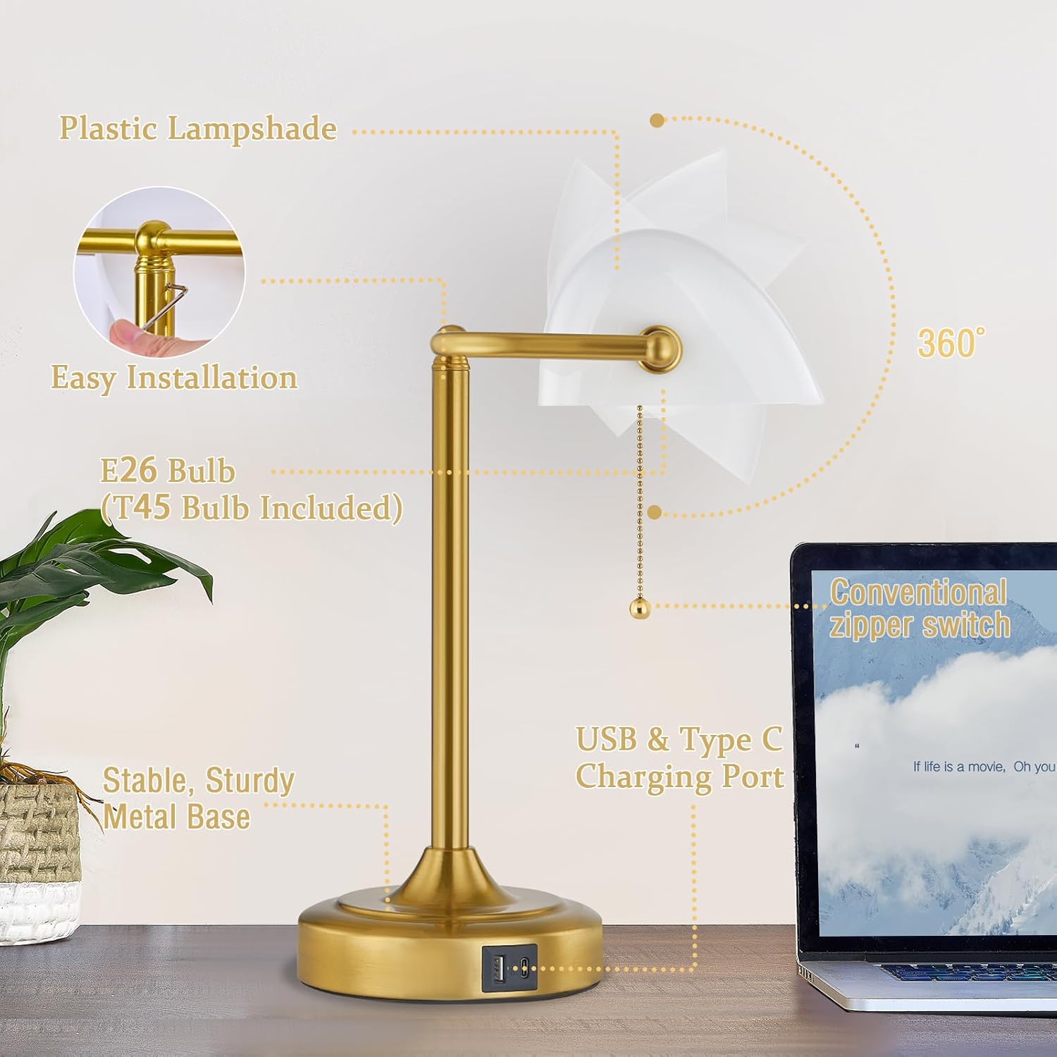 vintage desk lamp bankers lamp retro table lamp with usb & type c charging ports traditional pull chain switch library lamp for home office nightstand bedroom side table lamp(t45 bulb included)