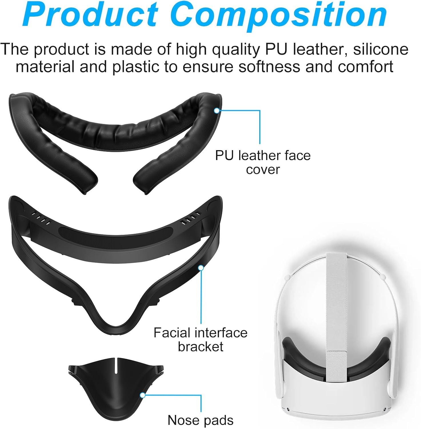 vznek new face cover pad for oculus quest 2, sweatproof pu leather facial interface & face cushion pad vr accessories for meta quest 2, ergonomical design (q2mz)