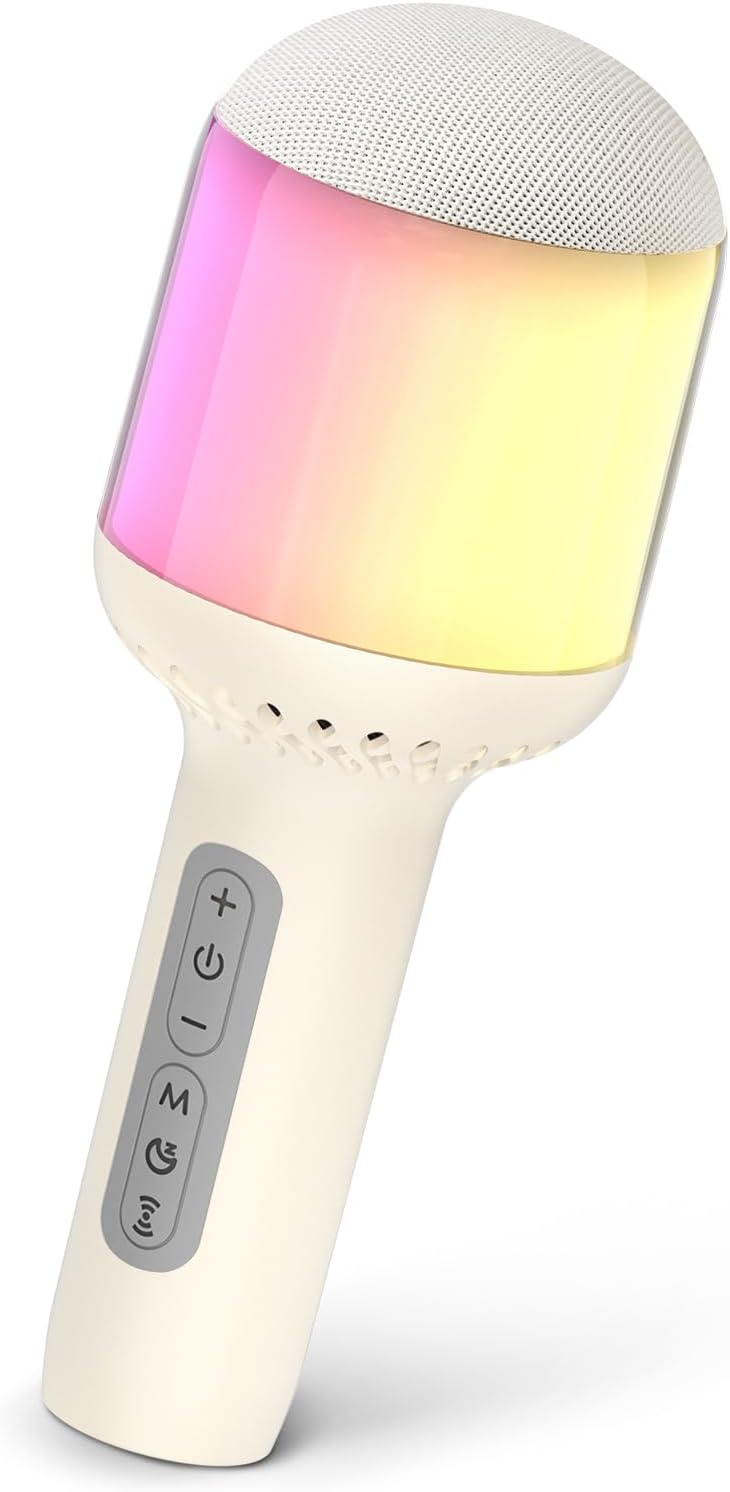 Wireless Bluetooth Karaoke Microphone with Dynamic Lights, Portable Handheld Mic, 6 Sound Effects, 10H Battery, Perfect for Kids Singing, Home Parties, Duet - Gift Idea, Works with All Smartphones