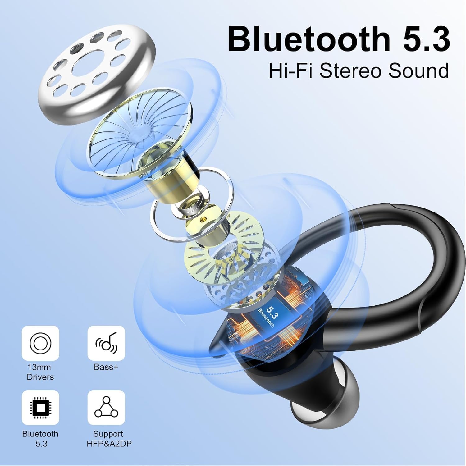 wireless earbuds bluetooth 5.3 headphones sports, 48hrs playback over ear buds with cvc8.0 mic, bass stereo bluetooth earbuds with earhooks, led display, ip7 waterproof earphones for workout/running