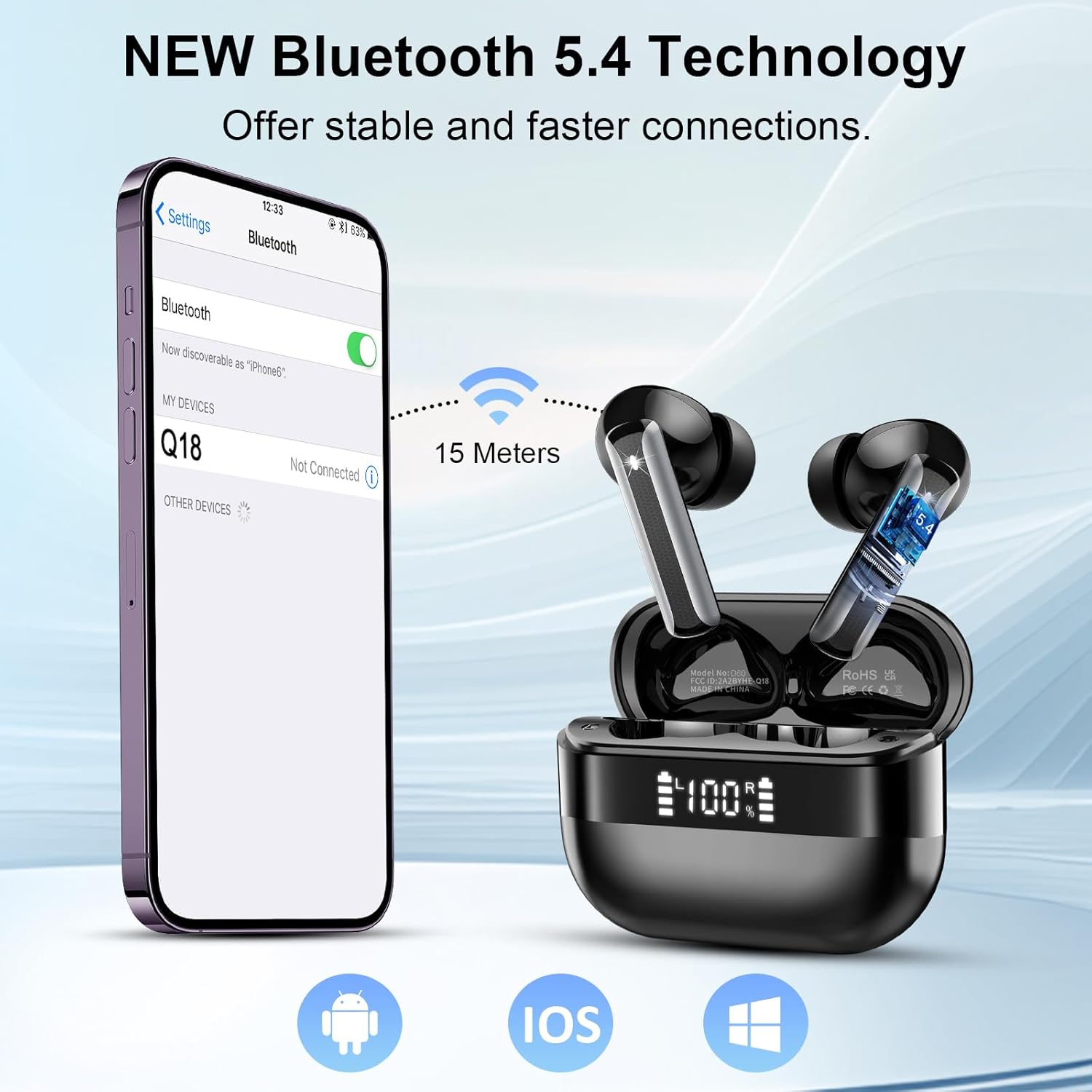 wireless earbuds, bluetooth 5.4 headphones with hifi stereo, in ear earphones with 4 enc mics, 48h bluetooth earbuds with led display charging case, ip7 waterproof ear buds for android ios black