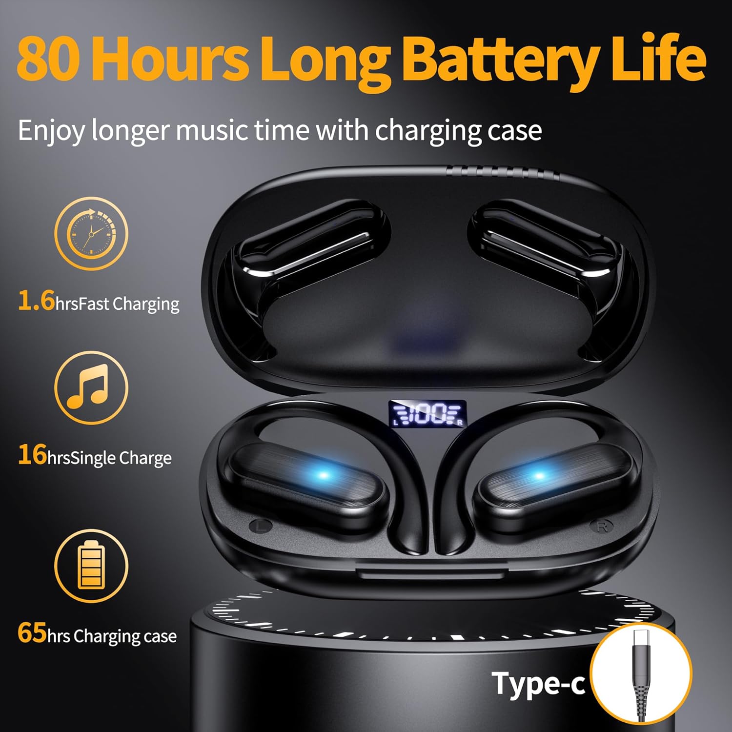 wireless earbuds,bluetooth headphones 80hrs play back sport earphones with led display over ear buds with earhooks built in mic ipx7 waterproof headset for workout grey black