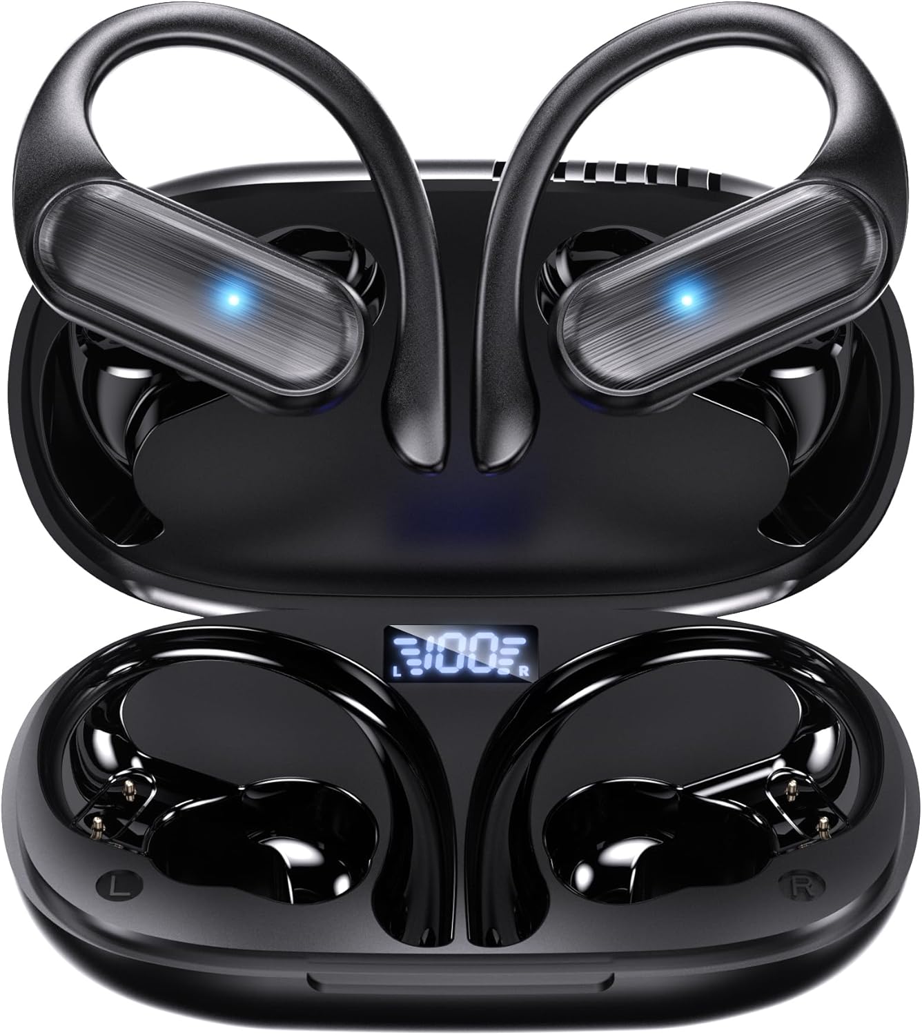 Wireless Earbuds,Bluetooth Headphones 80hrs Play Back Sport Earphones with LED Display Over-Ear Buds with Earhooks Built-in Mic IPX7 Waterproof Headset for Workout Grey -Black