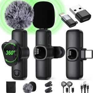 Wireless Lavalier Microphone for iPhone/Android Phone/Laptop/PC, IUMAKEVP 360° Adjustable Clip on Microphone with 100FT Transmission Distance and Noise Cancellation for Vlog, Interview, TikTok (2 Mic)