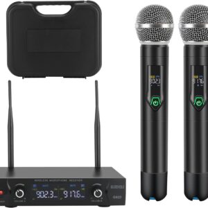 Wireless Microphone System with case, Metal UHF Dual Handheld 20 Channels Professional Cordless Mic System for Church, DJ, Karaoke,Wedding, Home KTV Set