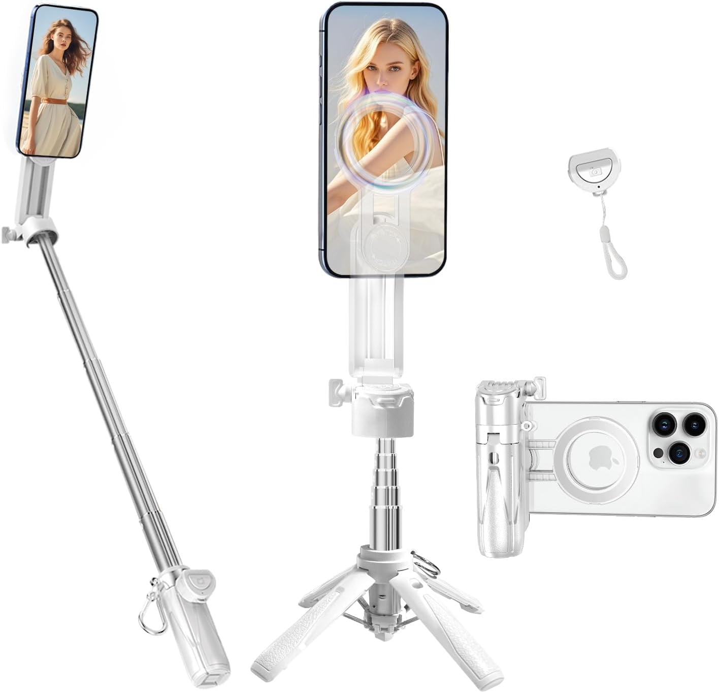yAyusi Magnetic Compact Mini Phone Selfie Stick, Mag-Safe 4 in 1 Small Portable Pocket Tripod for iPhone/Android, with Removable Phone Clip & Remote for Photograph/Live Streaming/Video Recording