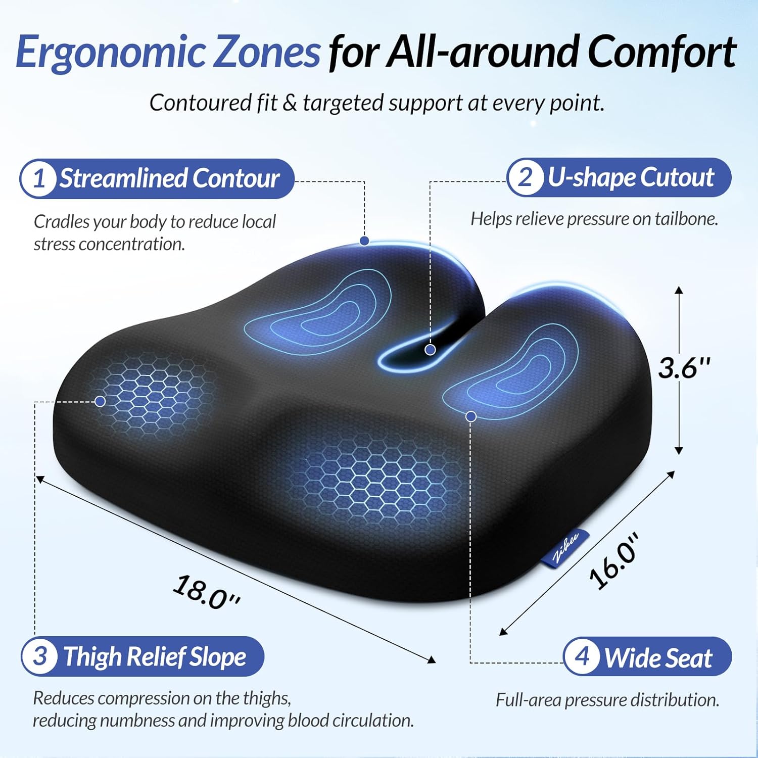 zikee ergonomic seat cushion with thigh relief slope, office chair cushion with premium memory foam for car, home, u shaped design alleviates hip, tailbone pain, anti slip sciatica pain relief pillow