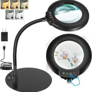 10X Magnifying Glass with Light, Flexible Gooseneck Lighted Magnifier with Stand, 5 Color Modes Dimmable LED Desk Lamp Hands Free for Crafts Painting Sewing Jewelry Reading Close Work
