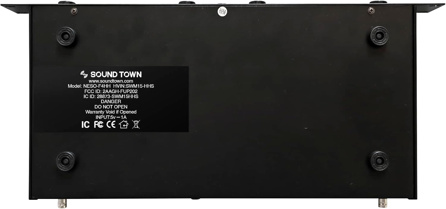 sound town 4 channels professional uhf wireless microphone system with rack mountable metal receiver and 4 handheld mics, for church, school, outdoor wedding, meeting, party and karaoke