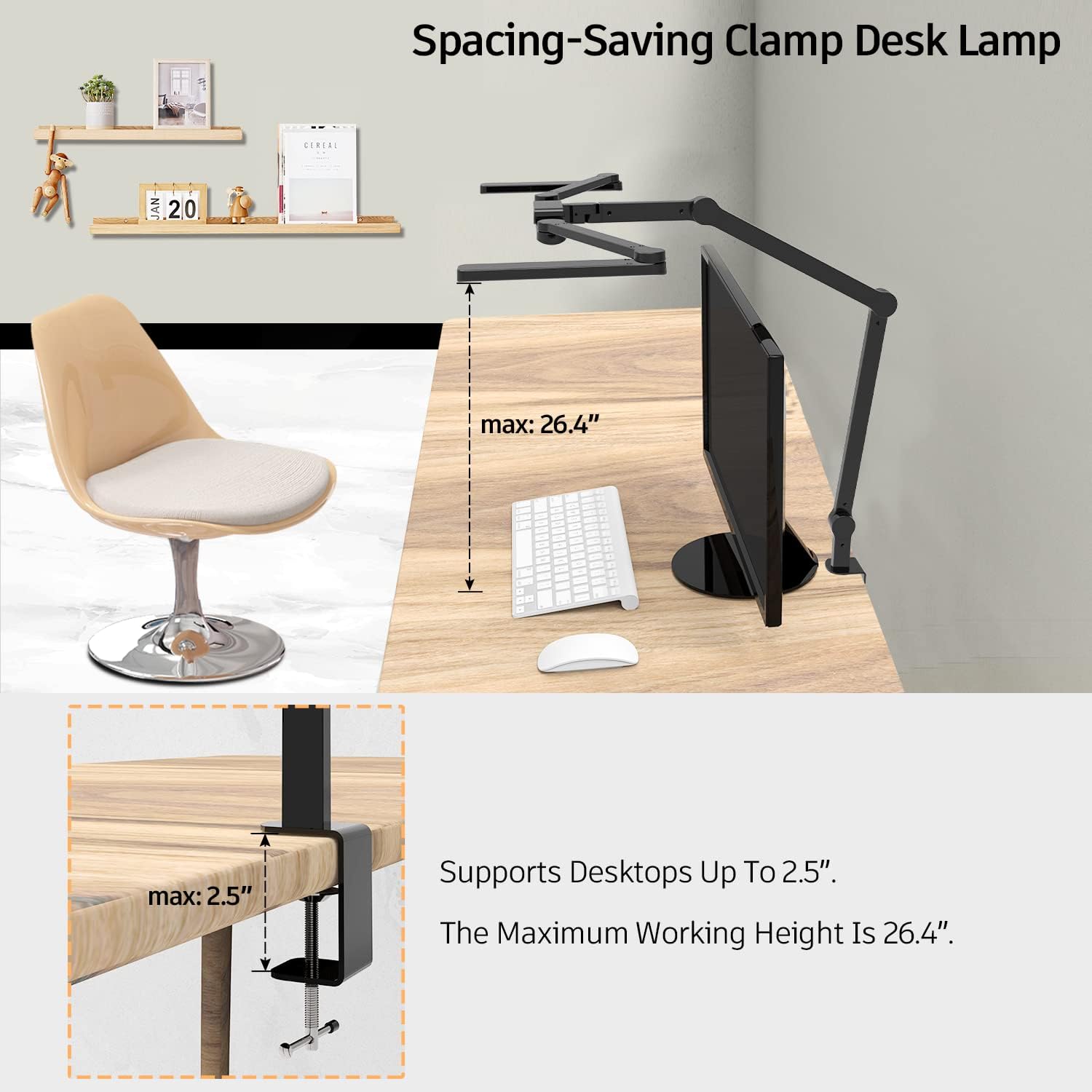 led desk lamp with clamp, 41.5" clamp on architect desk lamp for home office, 24w bright tall computer led table light adjustable overhead clip on office lighting for work craft