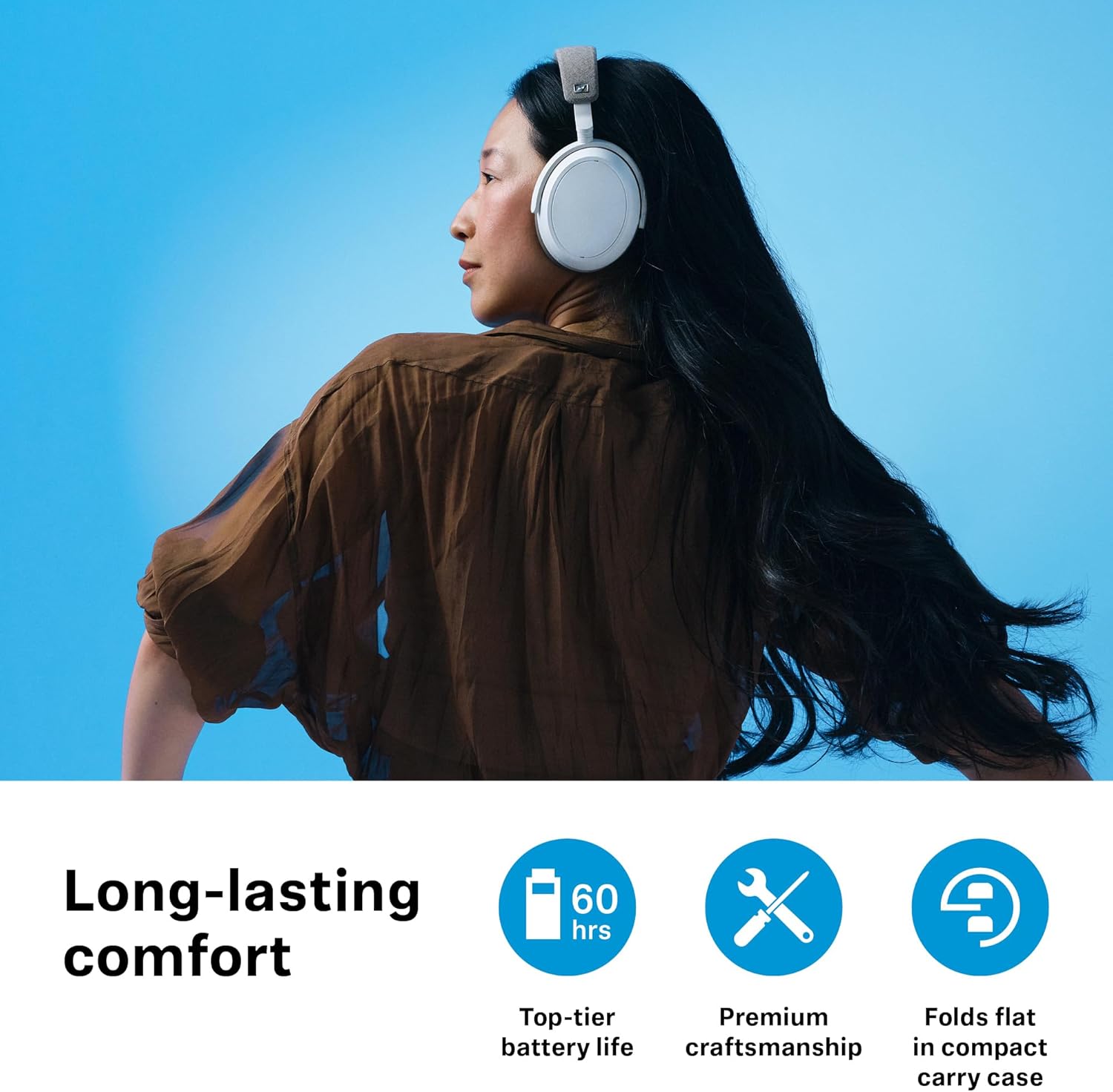 sennheiser consumer audio momentum 4 wireless headphones bluetooth headset for crystal clear calls with adaptive noise cancellation, 60h battery life, customizable sound, white (509267)