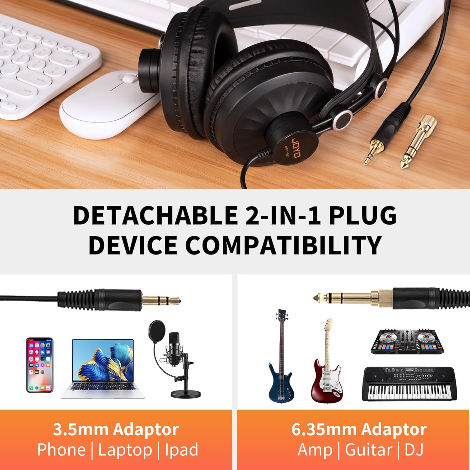 joyo studio headphones monitor headphone for recording over ear noise canceling for guitar cellphone mixer amplifier podcast dj and keyboard piano (jmh 02)