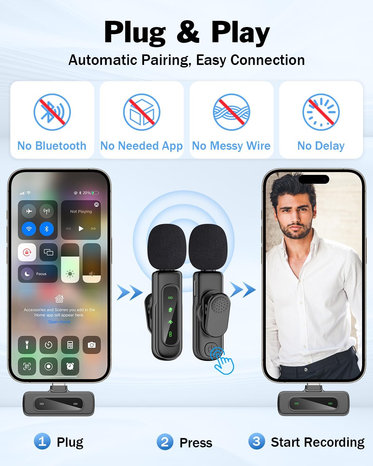 pop voice mini microphone for iphone 16/15/14/ipad/android, wireless lavalier microphone with magnetic collar clip, usb c mini lapel lav mic with noise reduction for vlog youtube tiktok