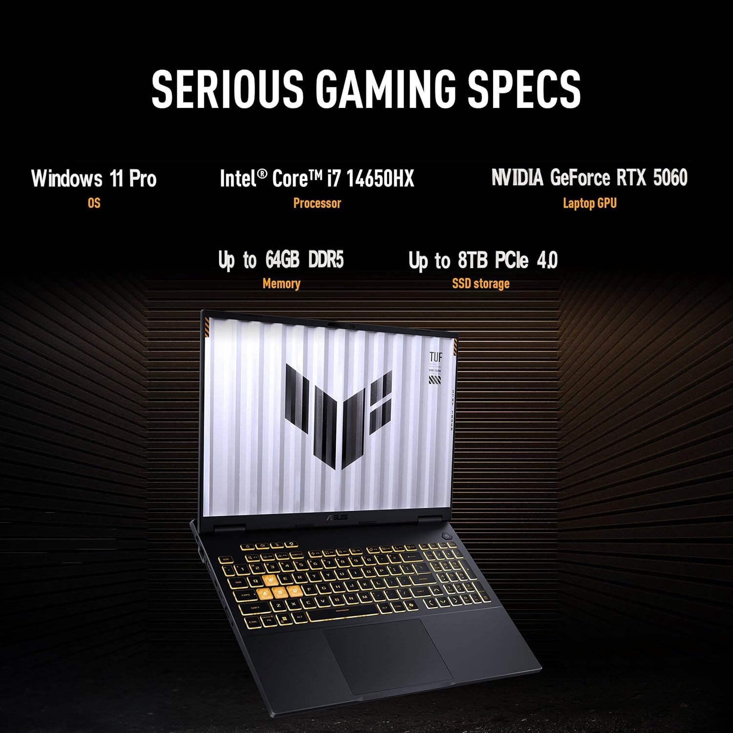 asus tuf f16 gaming laptop, nvidia rtx 5060, intel 14th core i7 14650hx, 16 inch fhd+ 165hz anti glare 300nits lcd, backlit keyboard, 64 gb ddr5 5600mhz, 4 tb ssd gen 4, windows 11 pro, accessories