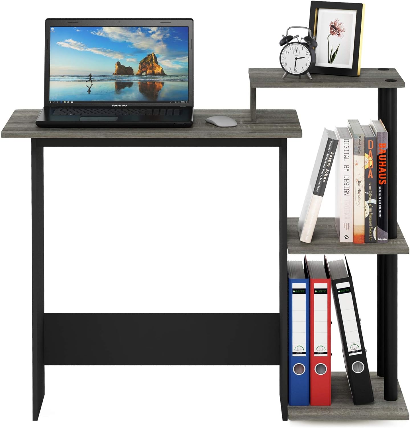 furinno efficient desk, gaming desk, with 3 open side shelves, laptop notebook computer desk,office desk for home office, study room, dorm, french oak