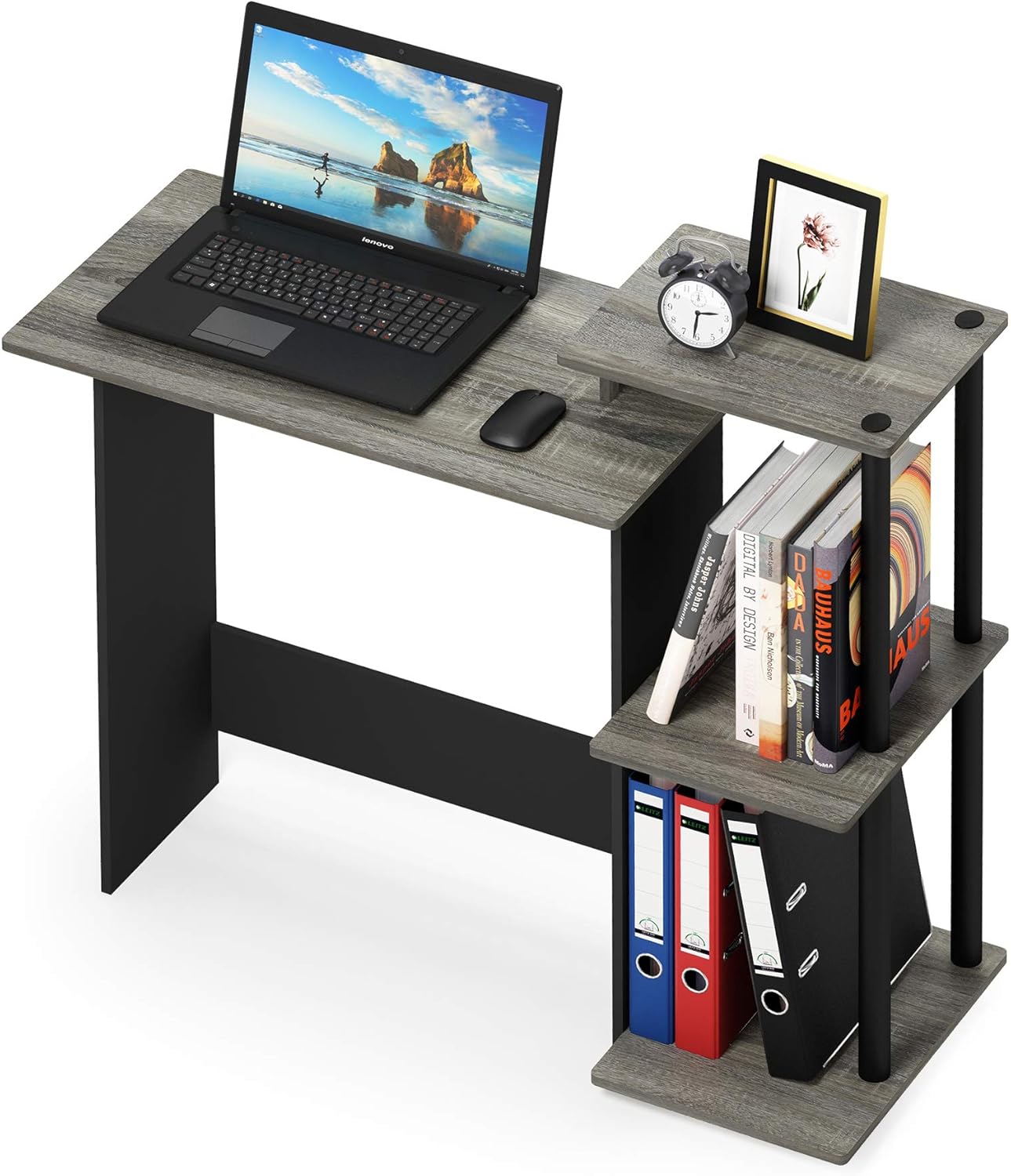 furinno efficient desk, gaming desk, with 3 open side shelves, laptop notebook computer desk,office desk for home office, study room, dorm, french oak