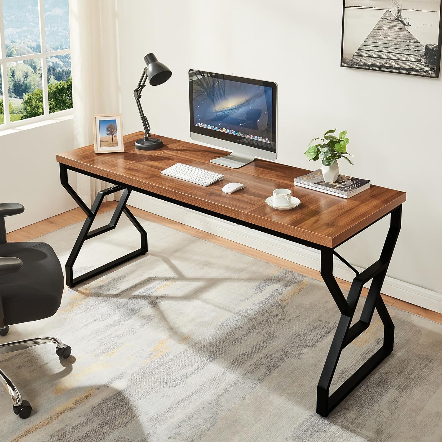homissue 63 inch executive desk, large home office desk with engineered wood tabletop and metal frame, rustic workstation desks with sturdy structure, long computer desks for home office, writing