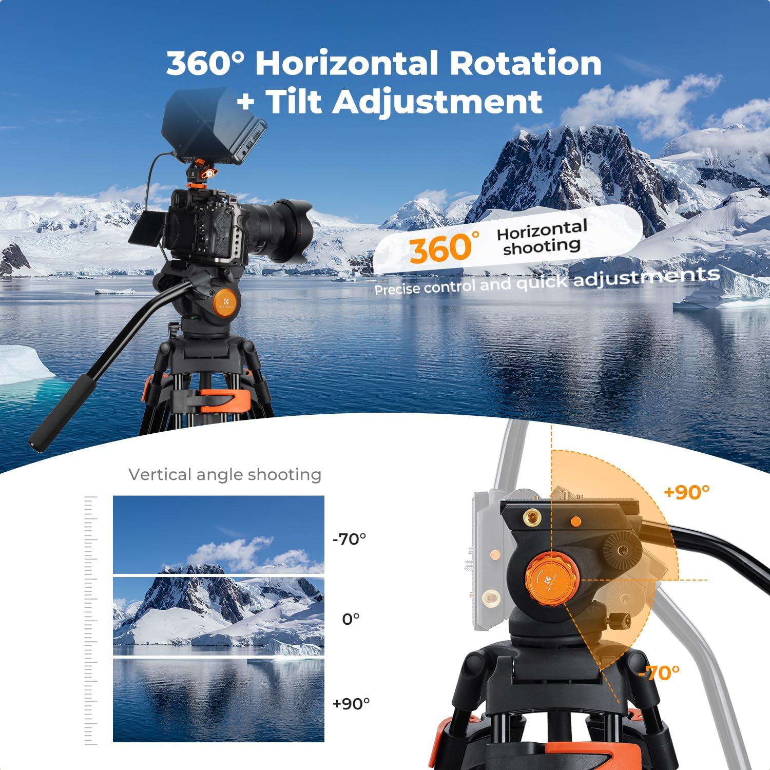 k&f concept 80" video tripod with fluid head, aluminum heavy duty camera tripod with smooth friction damping, quick release plate for dslr, mirrorless, camcorder, video cameras, max load 17.6lb