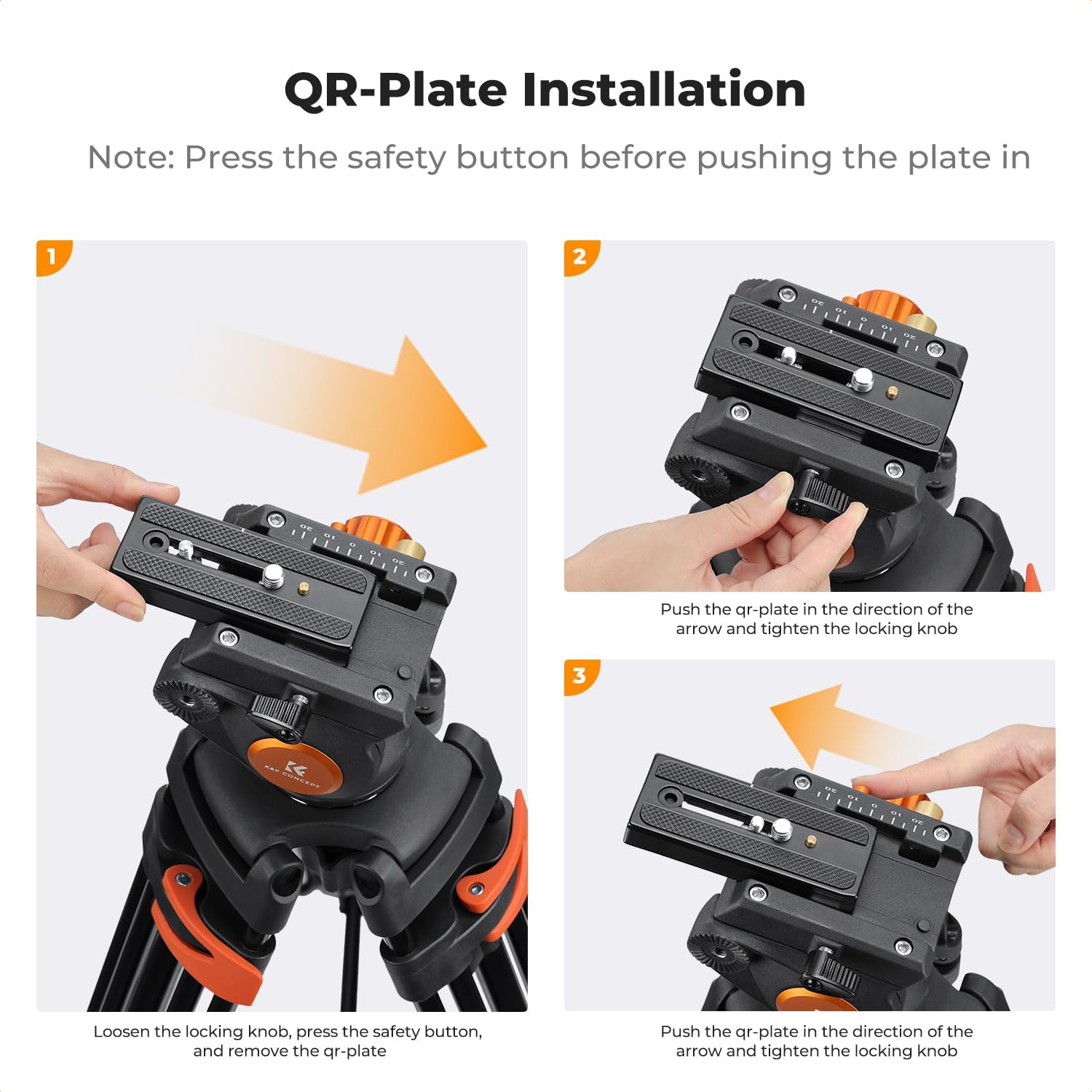 k&f concept 80" video tripod with fluid head, aluminum heavy duty camera tripod with smooth friction damping, quick release plate for dslr, mirrorless, camcorder, video cameras, max load 17.6lb