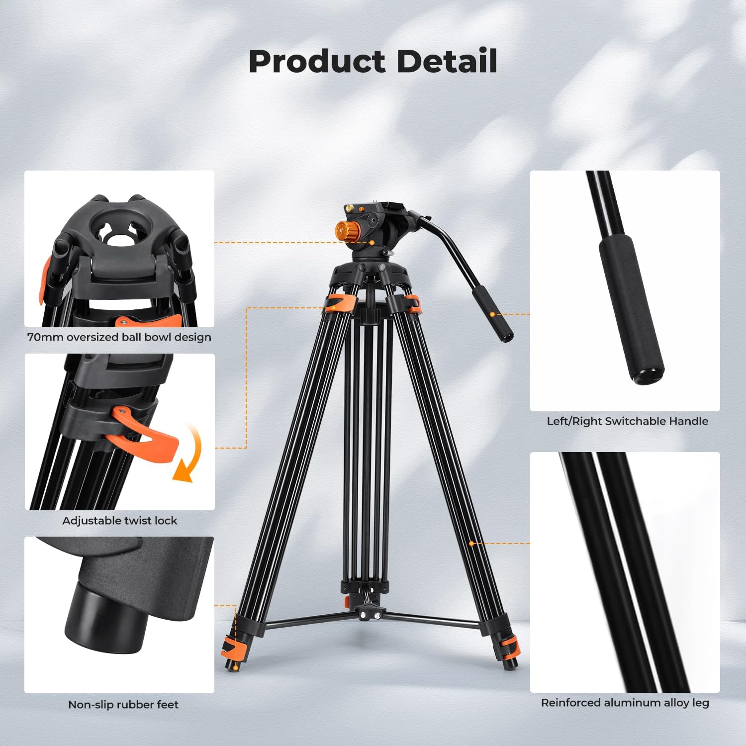 k&f concept 80" video tripod with fluid head, aluminum heavy duty camera tripod with smooth friction damping, quick release plate for dslr, mirrorless, camcorder, video cameras, max load 17.6lb
