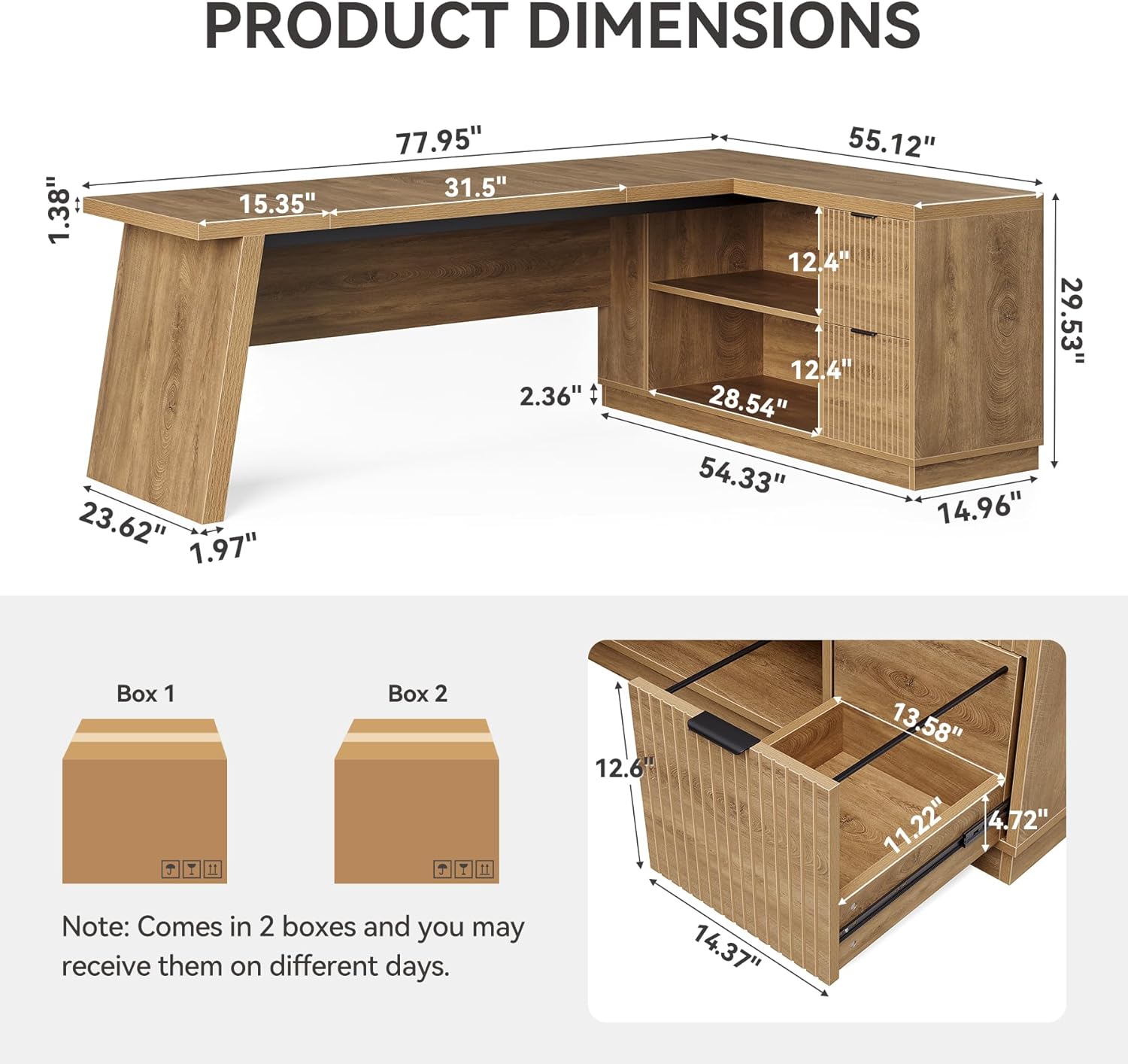 little tree 78 inch l shaped executive desk, modern desk with drawers & file cabinet, large walnut office workstation with storage shelves for home office