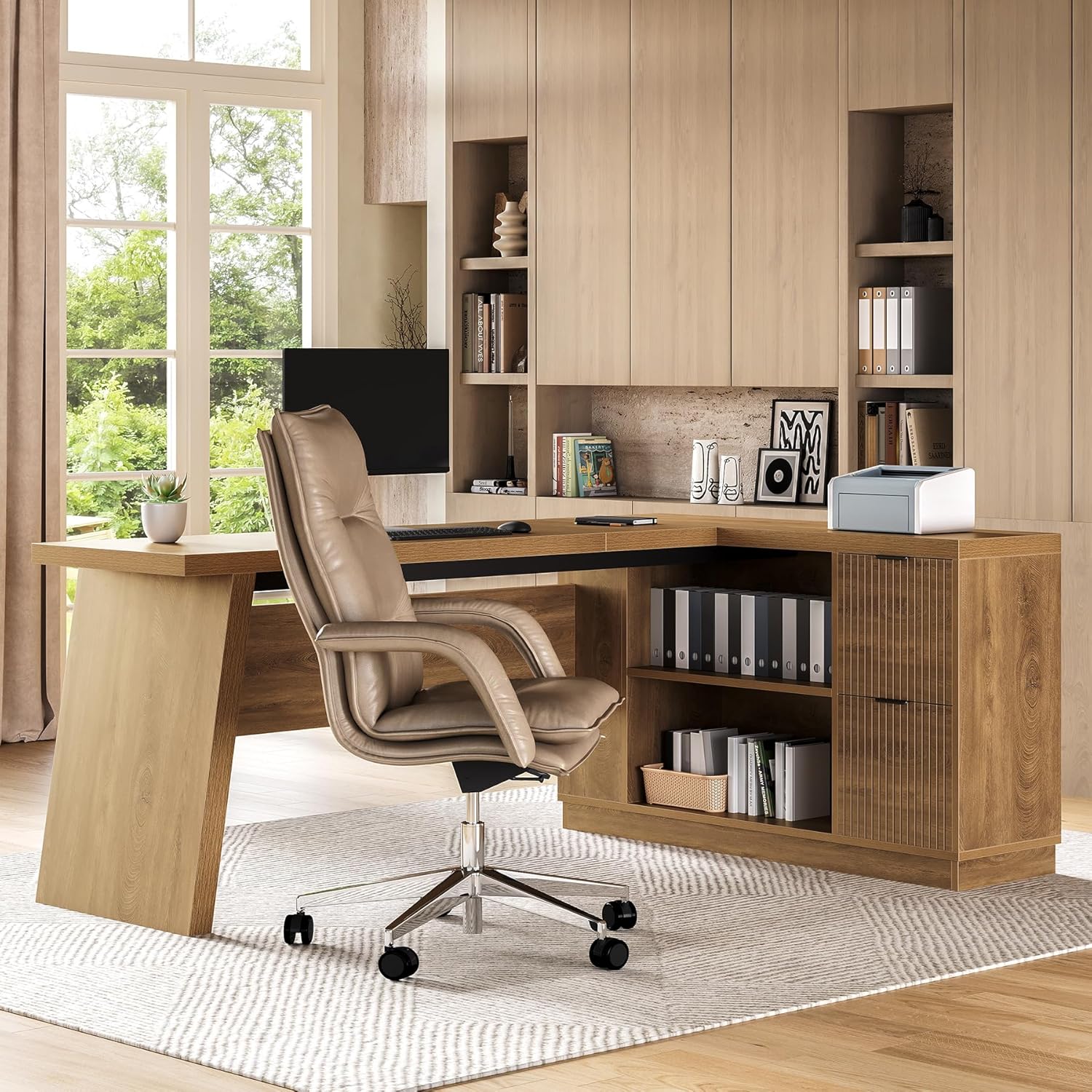 little tree 78 inch l shaped executive desk, modern desk with drawers & file cabinet, large walnut office workstation with storage shelves for home office