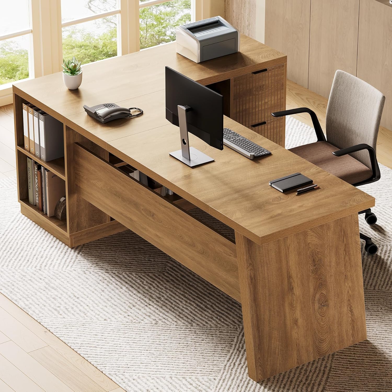 little tree 78 inch l shaped executive desk, modern desk with drawers & file cabinet, large walnut office workstation with storage shelves for home office