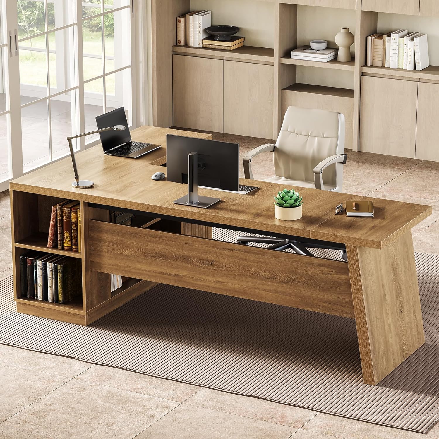 little tree 78 inch l shaped executive desk, modern desk with drawers & file cabinet, large walnut office workstation with storage shelves for home office