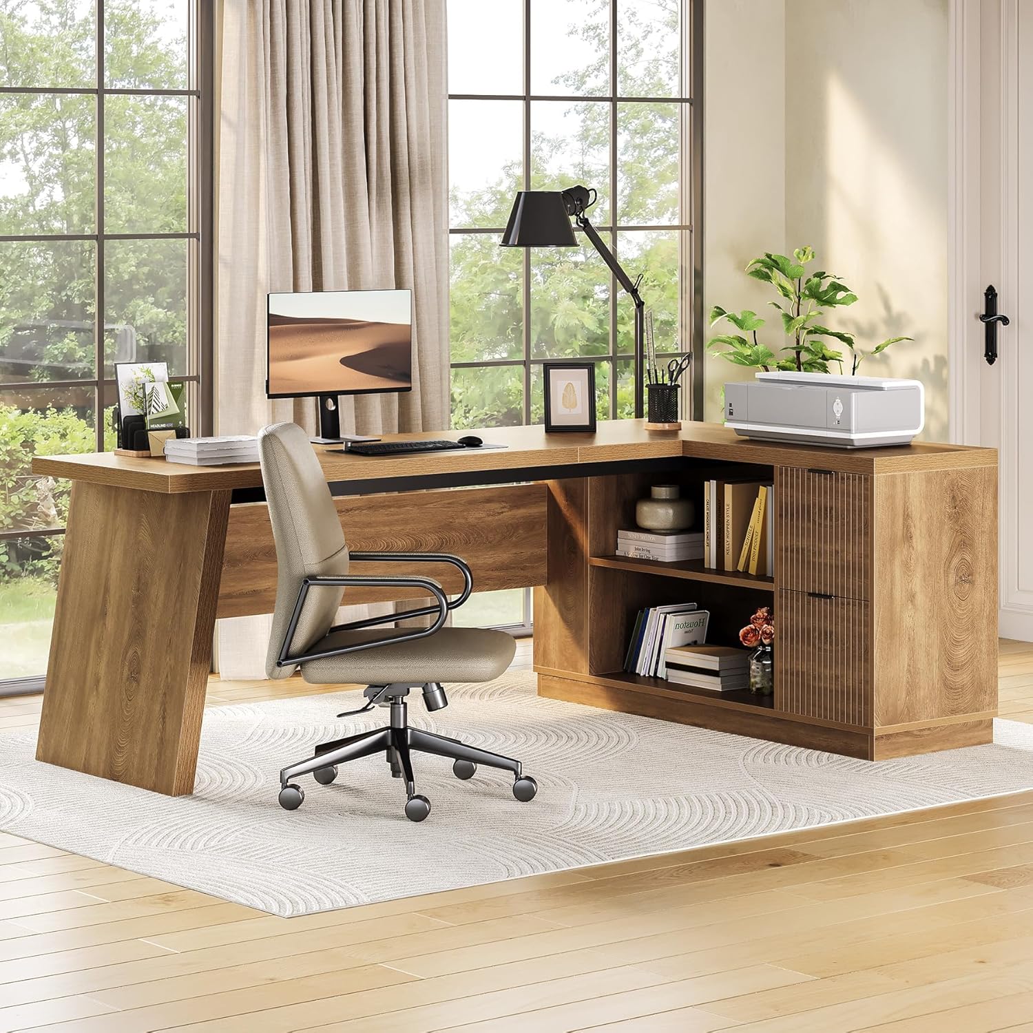 little tree 78 inch l shaped executive desk, modern desk with drawers & file cabinet, large walnut office workstation with storage shelves for home office