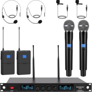 4-Channel Wireless Microphone System, Quad UHF Metal Cordless Mic, 2 Handheld Mics, 2 Bodypack Mics, Long Distance150-200Ft, Fixed Frequency, 16 Hours Use for Karaoke Singing, Church