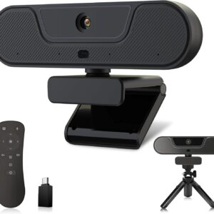 4K Webcam, UHD PTZ PC Camera with Speaker and 4 Microphones, Supporting Remote Control, Digital Zoom, Autofocus, Privacy Cover and Tripod, for Video Calls and Conferences and Live Streaming