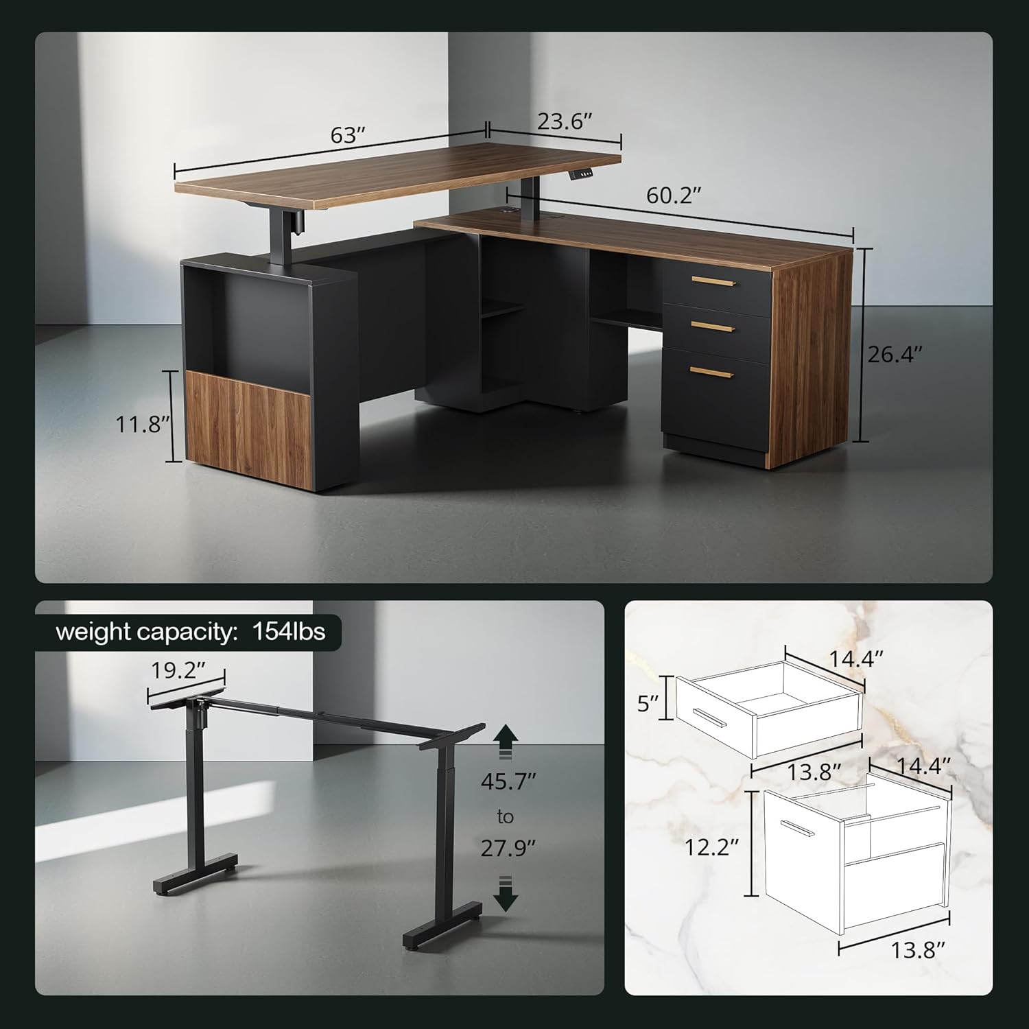 63" standing desk with file cabinet, privacy panel, ac/usb, 1.18" desktop, executive l shaped height adjustable electric stand up desk, home office table with 3 drawers, black walnut