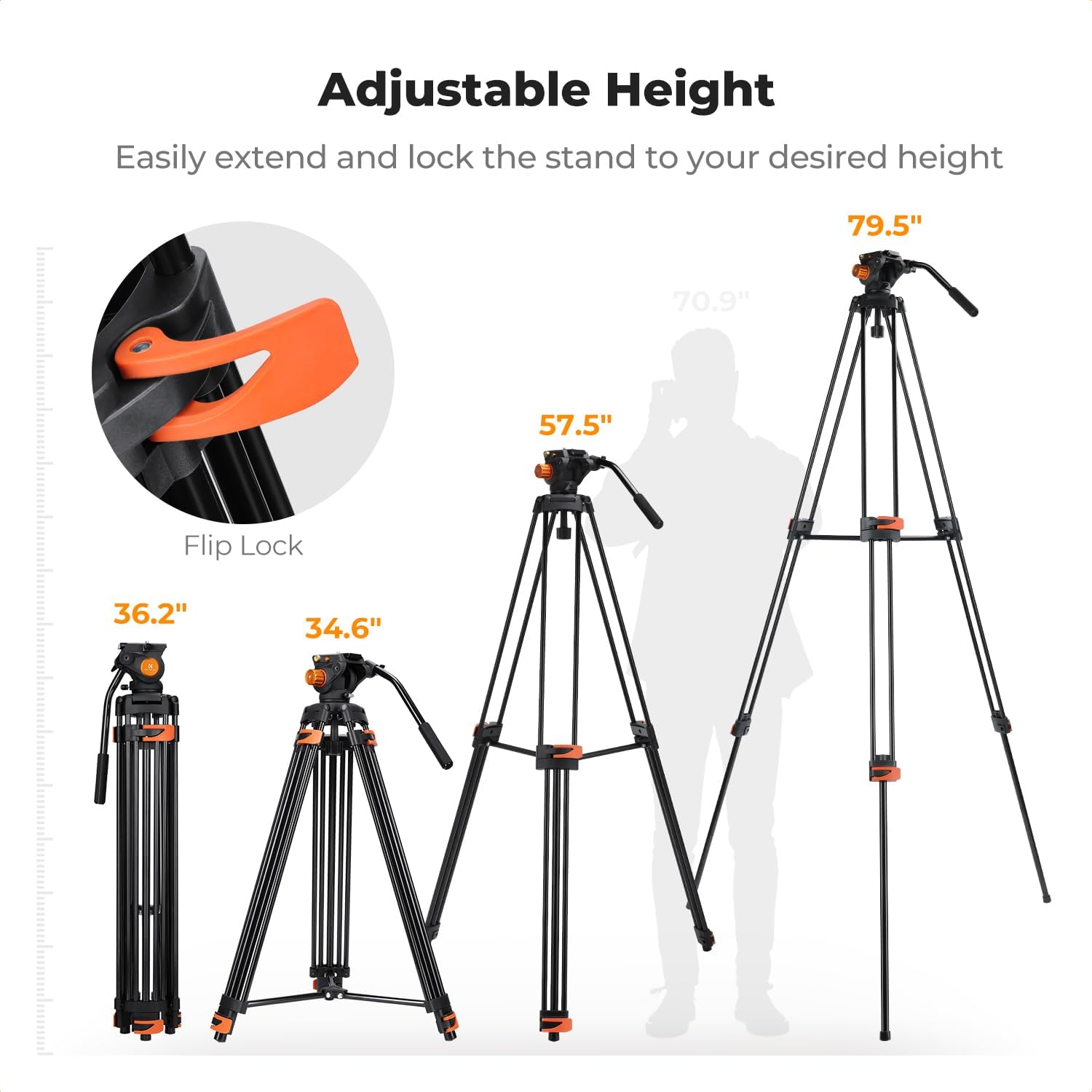 k&f concept 80" video tripod with fluid head, aluminum heavy duty camera tripod with smooth friction damping, quick release plate for dslr, mirrorless, camcorder, video cameras, max load 17.6lb