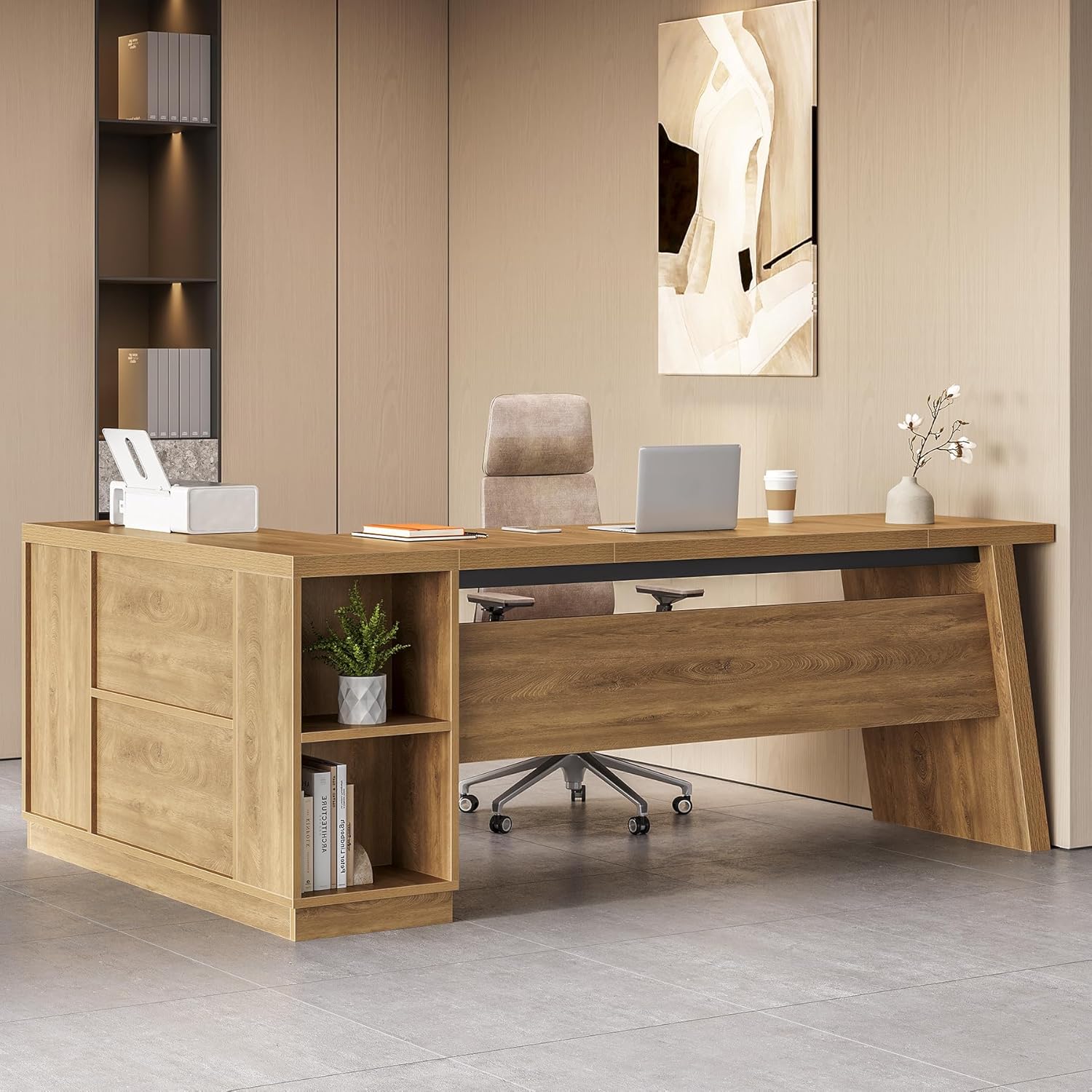 little tree 78 inch l shaped executive desk, modern desk with drawers & file cabinet, large walnut office workstation with storage shelves for home office