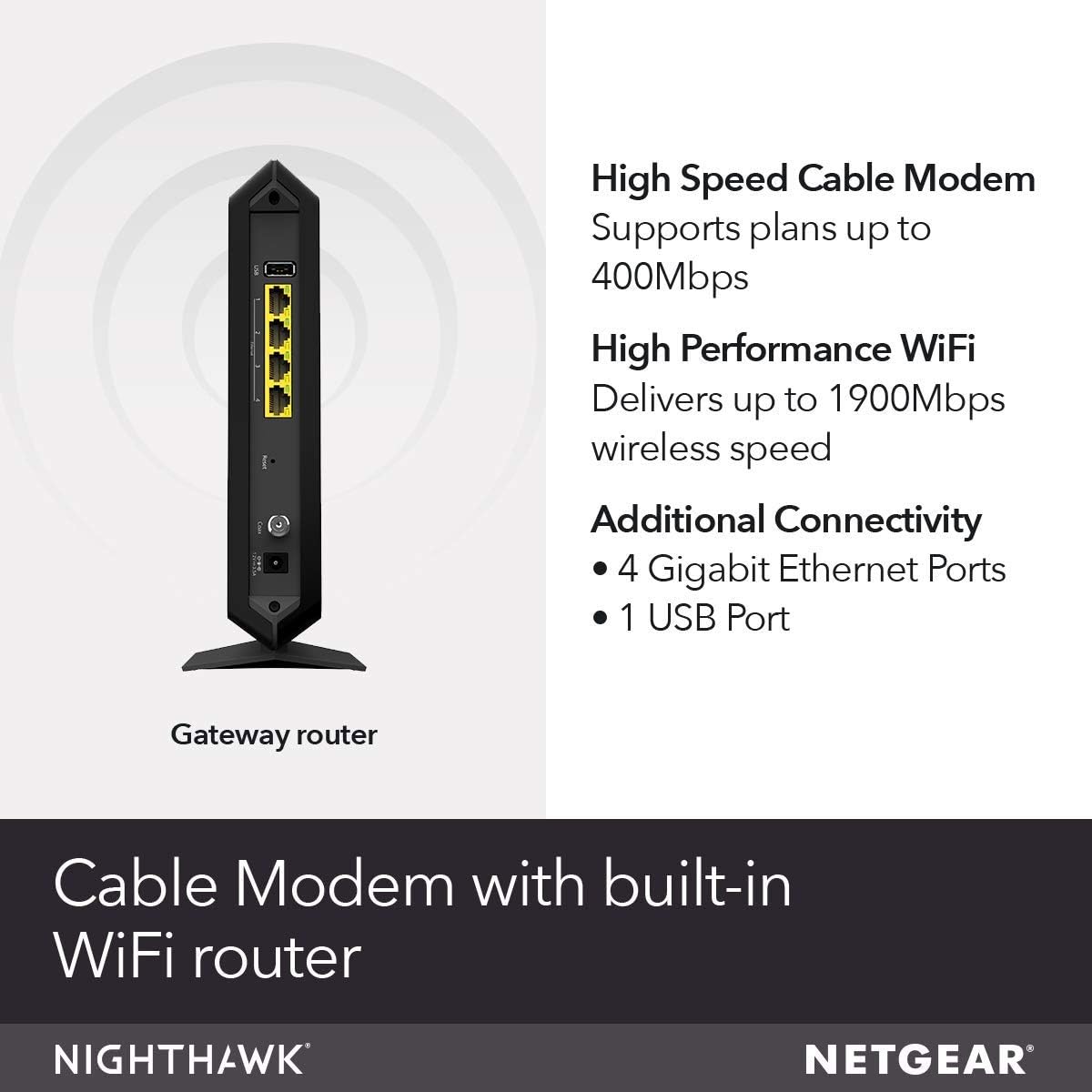 netgear nighthawk ac1900 (24x8) docsis 3.0 wifi cable modem router combo (c7000) for xfinity from comcast, spectrum, cox, more (renewed)