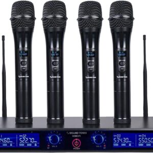Sound Town 4 Channels Professional UHF Wireless Microphone System with Rack Mountable Metal Receiver and 4 Handheld Mics, for Church, School, Outdoor Wedding, Meeting, Party and Karaoke