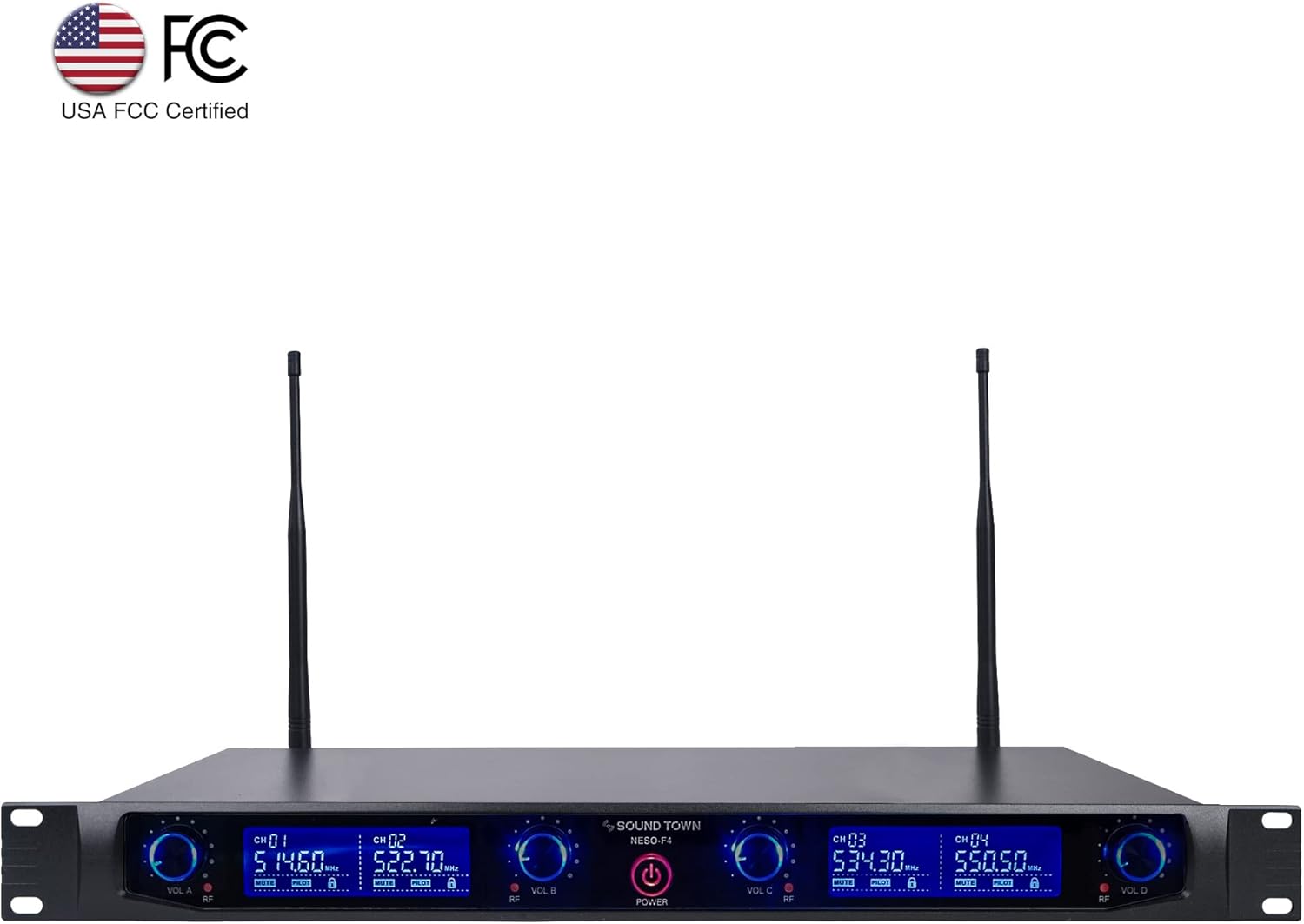 sound town 4 channels professional uhf wireless microphone system with rack mountable metal receiver and 4 handheld mics, for church, school, outdoor wedding, meeting, party and karaoke