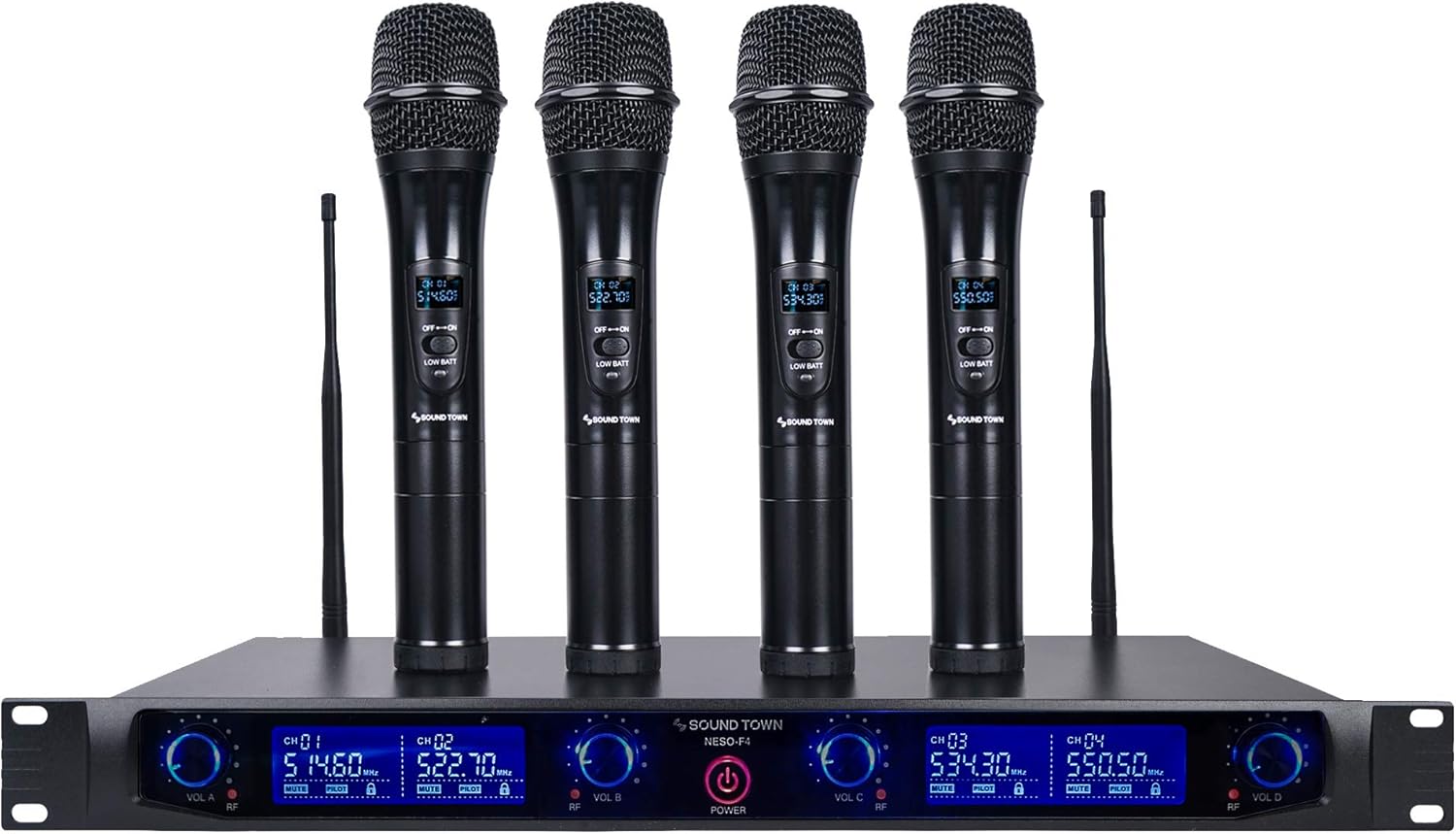 Sound Town 4 Channels Professional UHF Wireless Microphone System with Rack Mountable Metal Receiver and 4 Handheld Mics, for Church, School, Outdoor Wedding, Meeting, Party and Karaoke