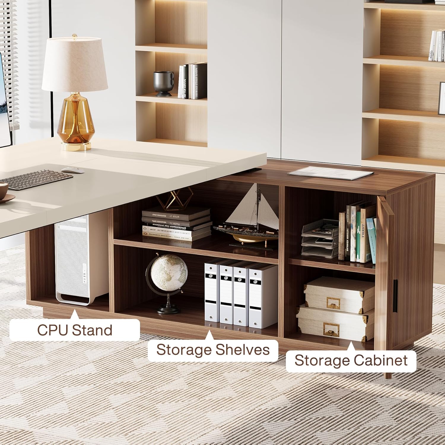 tribesigns 78.7 inch executive desk, l shaped desk with cabinet, large office table with storage shelves, writing table business furniture set for home office, cream white walnut
