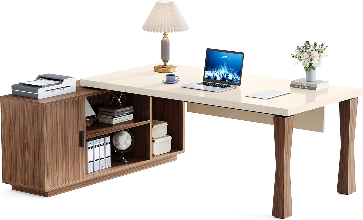 tribesigns 78.7 inch executive desk, l shaped desk with cabinet, large office table with storage shelves, writing table business furniture set for home office, cream white walnut