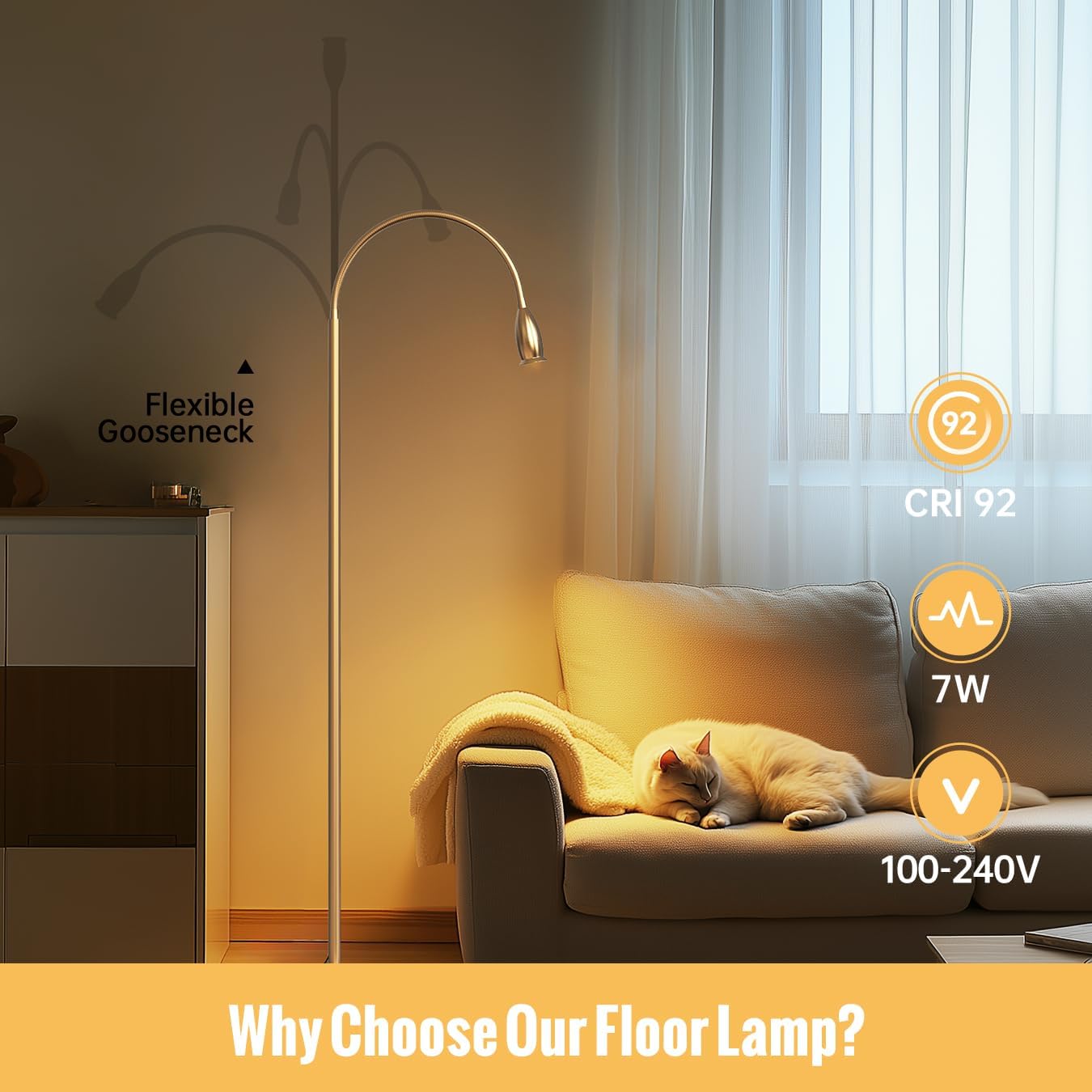 reading floor lamp, 73"standing lamp with dimmable zoomable led spotlight, adjustable color beam and flexible gooseneck, remote & pedal control, for reading bedroom crafting (antique brass)