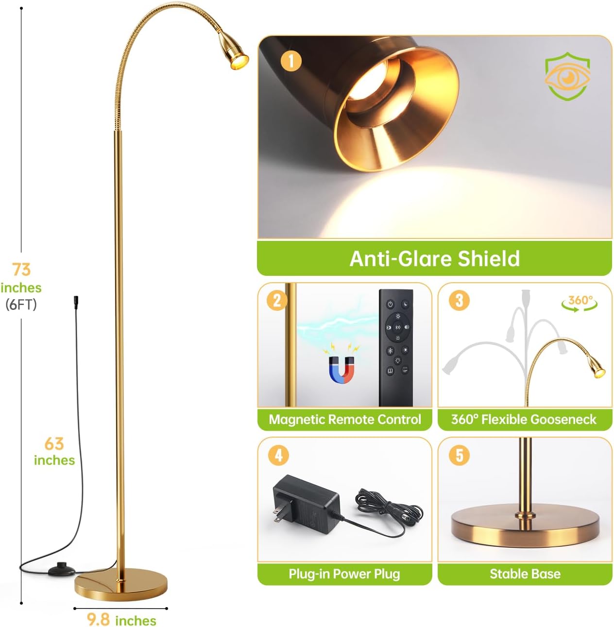 reading floor lamp, 73"standing lamp with dimmable zoomable led spotlight, adjustable color beam and flexible gooseneck, remote & pedal control, for reading bedroom crafting (antique brass)