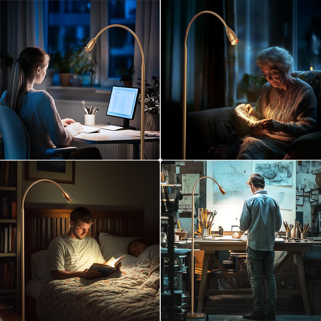 reading floor lamp, 73"standing lamp with dimmable zoomable led spotlight, adjustable color beam and flexible gooseneck, remote & pedal control, for reading bedroom crafting (antique brass)