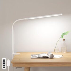 Lepro Small Desk Lamp with Clamp, LED Reading Lamps with 450LM, 3 Color Modes 10 Brightness, Dimmable USB Clip on Desk Light with Gooseneck Swing Arm for Nail, Home Office and Dorm (White)