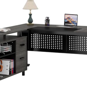 LITTLE TREE Large Computer Desk with File Cabinet, 63 Inch Executive Desk L Shaped Office Desk with Drawers and Storage Shelves, Business Furniture Desk Workstation for Home Office
