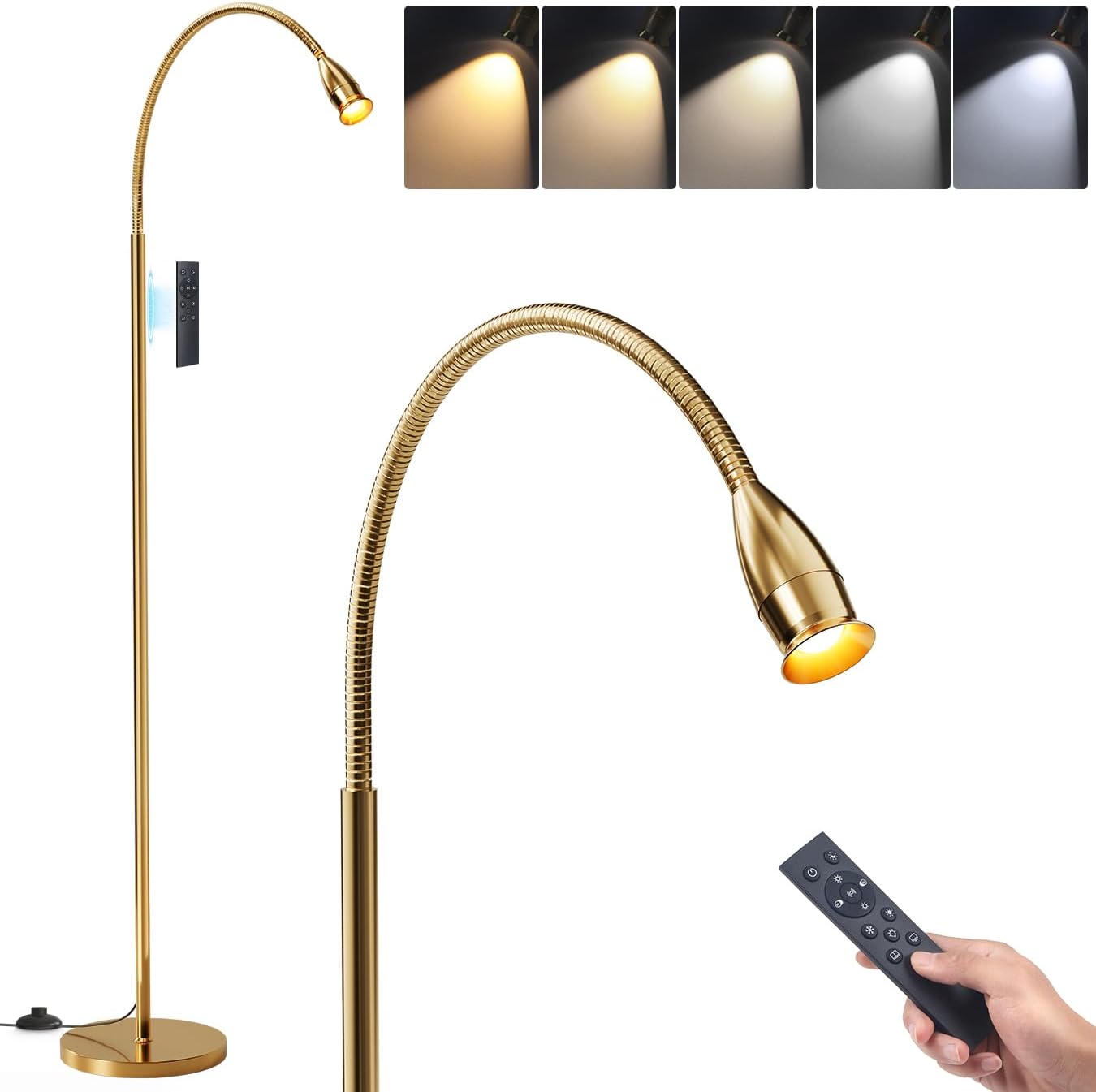 Reading Floor Lamp, 73"Standing Lamp with Dimmable Zoomable LED Spotlight, Adjustable Color Beam and Flexible Gooseneck, Remote & Pedal Control, for Reading Bedroom Crafting (Antique Brass)