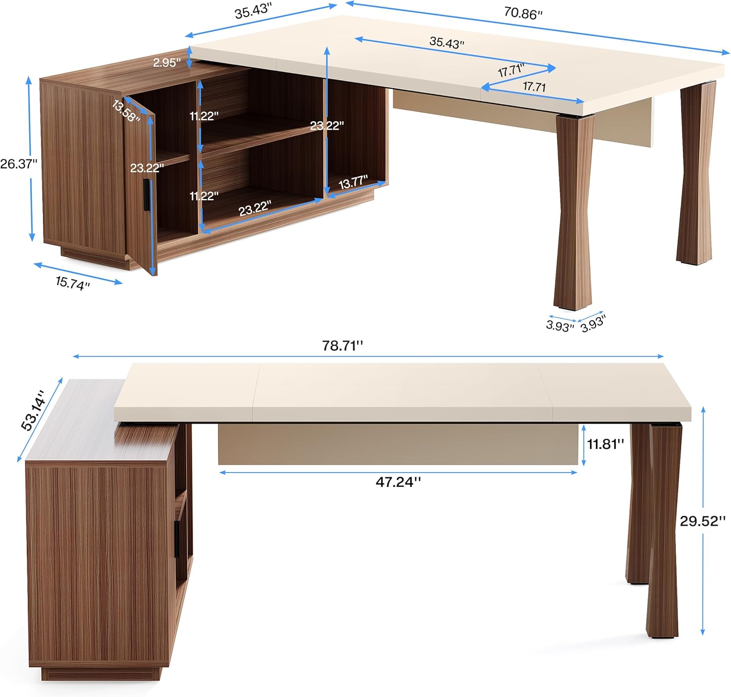 tribesigns 78.7 inch executive desk, l shaped desk with cabinet, large office table with storage shelves, writing table business furniture set for home office, cream white walnut