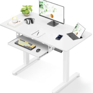 Casaottima Electric Standing Desk with Keyboard Tray, 40 Inch Height Adjustable Small Table, Sit Stand Table, Writing Computer Desk for Home, Office, Workstation, White